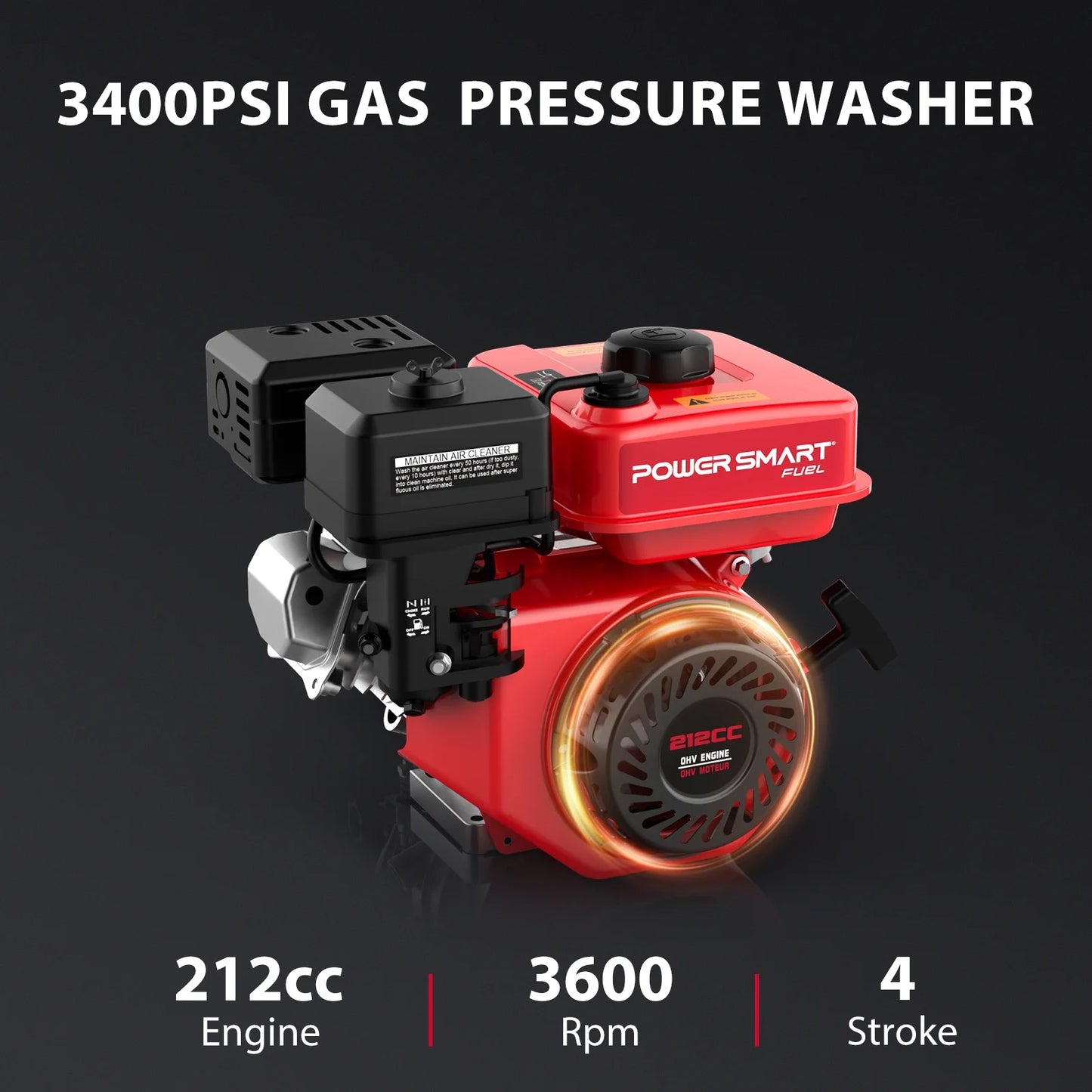 PowerSmart 3400PSI Gas Pressure Washer, 212cc Engine,for Cleaning Walls, Terraces, Vehicles, Gardens