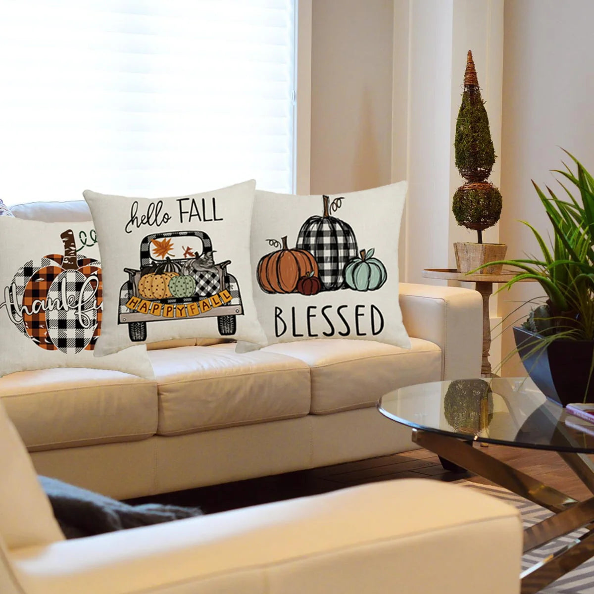 Thanksgiving Throw Pillow Covers for Thanksgiving Decor Farmhouse Buffalo Check Plaid Pumpkin Outdoor Pillows for Thanksgiving day Home Decor 18x18 in, Set of 4
