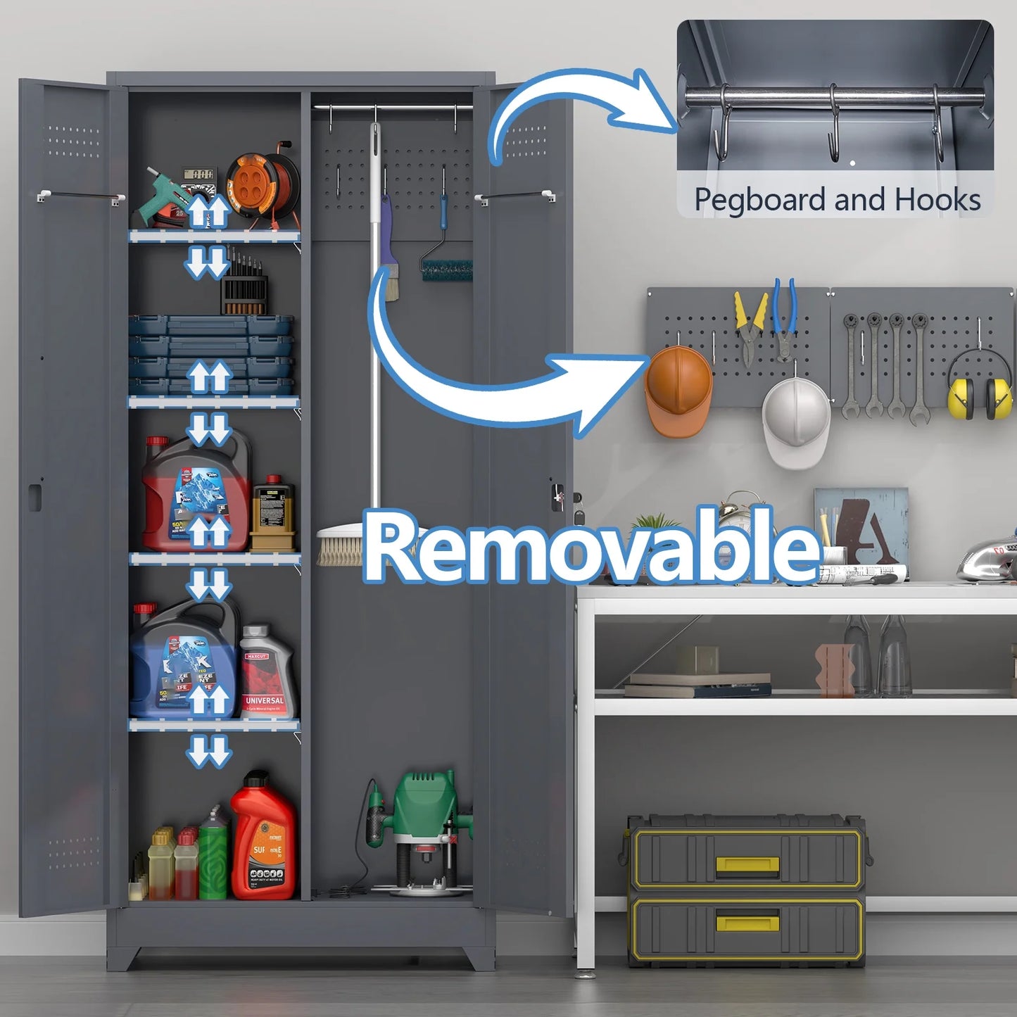 Marcree Broom Closet with Locking Doors,72.8����H Cleaning Tool Storage Cabinet with Hanging Rod & Hooks,Heavy-Duty Tool Garage Storage Cabinet for Utility Room,Grey