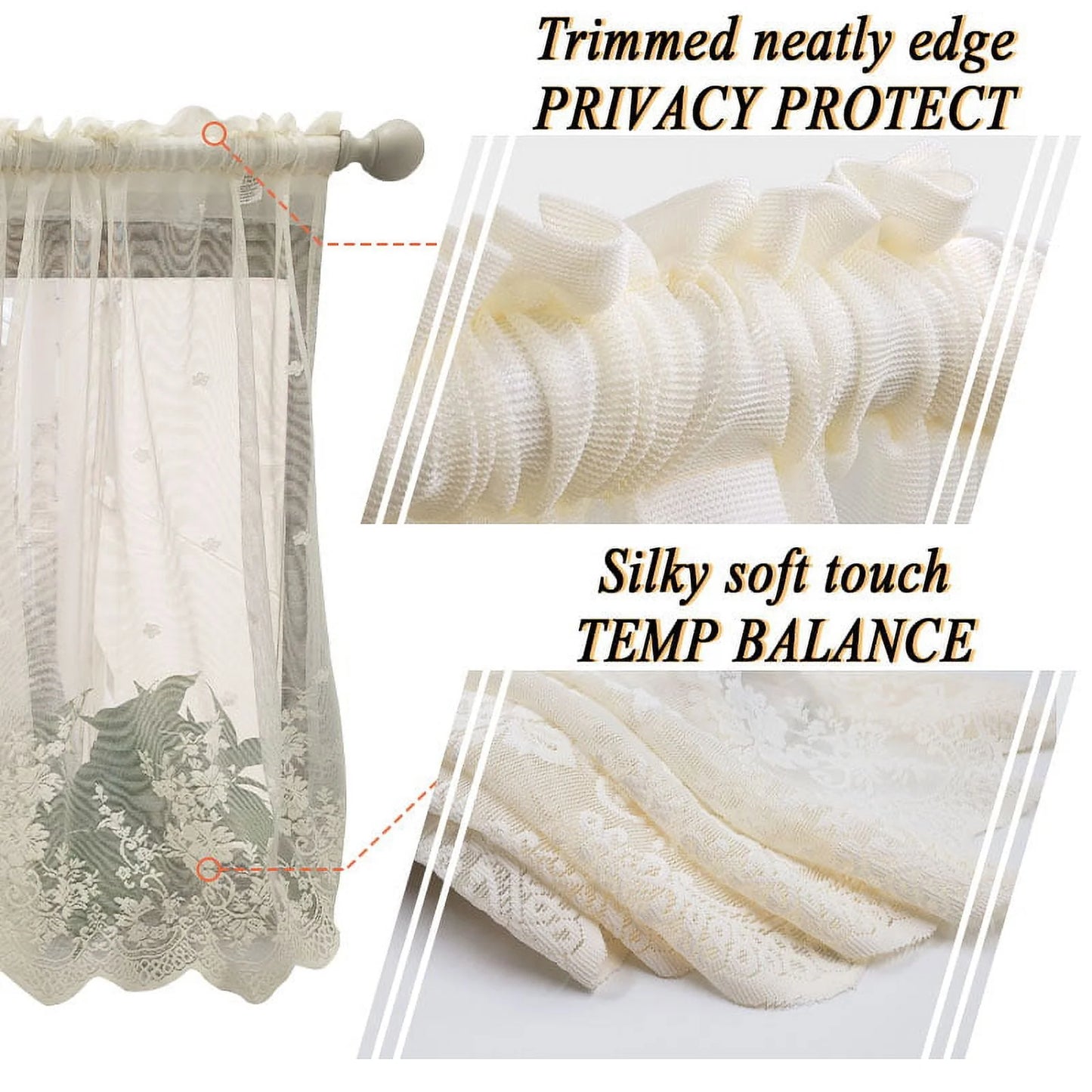Howarmer Beige Sheer Valance 54 x 35 Inch Embroidered Lace Valance Curtains Living Room Bedroom Rod Pocket Voile Drapes, Elegant Home Decor Window Treatments, 1 Panel