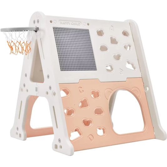 Climbing Toys for Toddlers 1-3, 5 in 1 Toddler Climber Basketball Hoop Set, Kids Playground Climber Playset with Tunnel,Climber,Whiteboard,Toy Building Block Baseplates,Combination for Babies,Pink