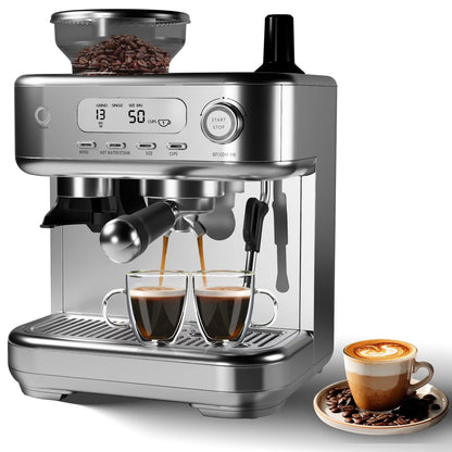 Espresso Machine with Built-in Grinder,Italian ULKA 15 Bar Espresso Machine - 85oz Water Tank, Dual PID Control, Milk Frother & Auto-Cleaning for Perfect Lattes and Cappuccinos