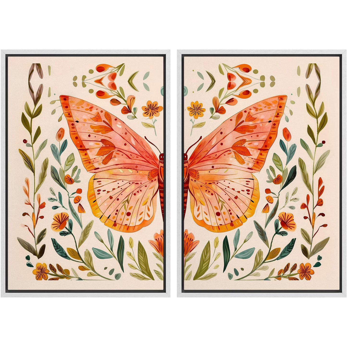 IDEA4WALL Framed Canvas Print Wall Art Set Whimsical Butterfly and Florals Illustration Abstract Botanical Boho Modern Art Wall Decor Colorful Chic Artwork for Home Decor - Natural 24"x36"x2