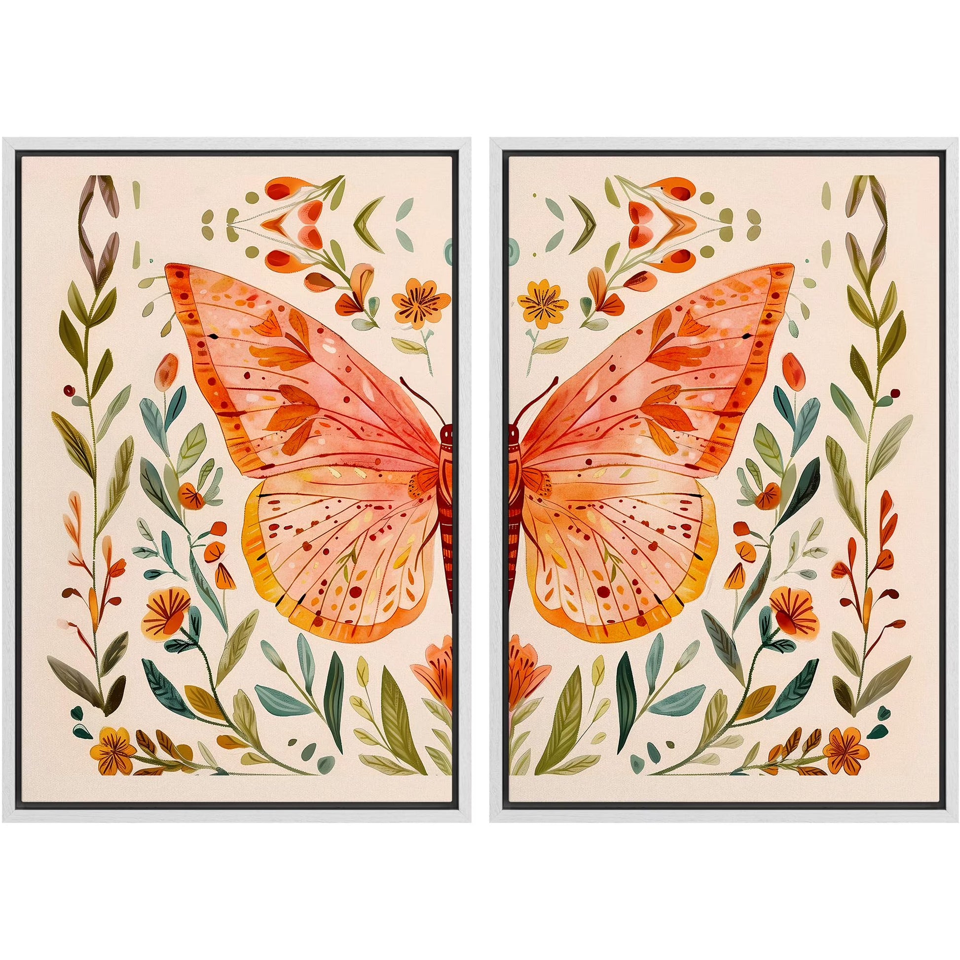 IDEA4WALL Framed Canvas Print Wall Art Set Whimsical Butterfly and Florals Illustration Abstract Botanical Boho Modern Art Wall Decor Colorful Chic Artwork for Home Decor - Natural 24"x36"x2