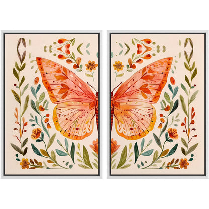 IDEA4WALL Framed Canvas Print Wall Art Set Whimsical Butterfly and Florals Illustration Abstract Botanical Boho Modern Art Wall Decor Colorful Chic Artwork for Home Decor - Natural 24"x36"x2