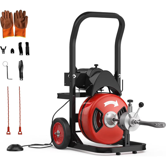 Roromall 75FT 100FT Electric Drain Cleaning Machine with 1/2-inch 3/4-inch Cable, 450W Auto Feed Portable Sewer Snake, Air-Activated Foot Switch, 4 Interchangeable Cutters for 2" to 4" Pipes