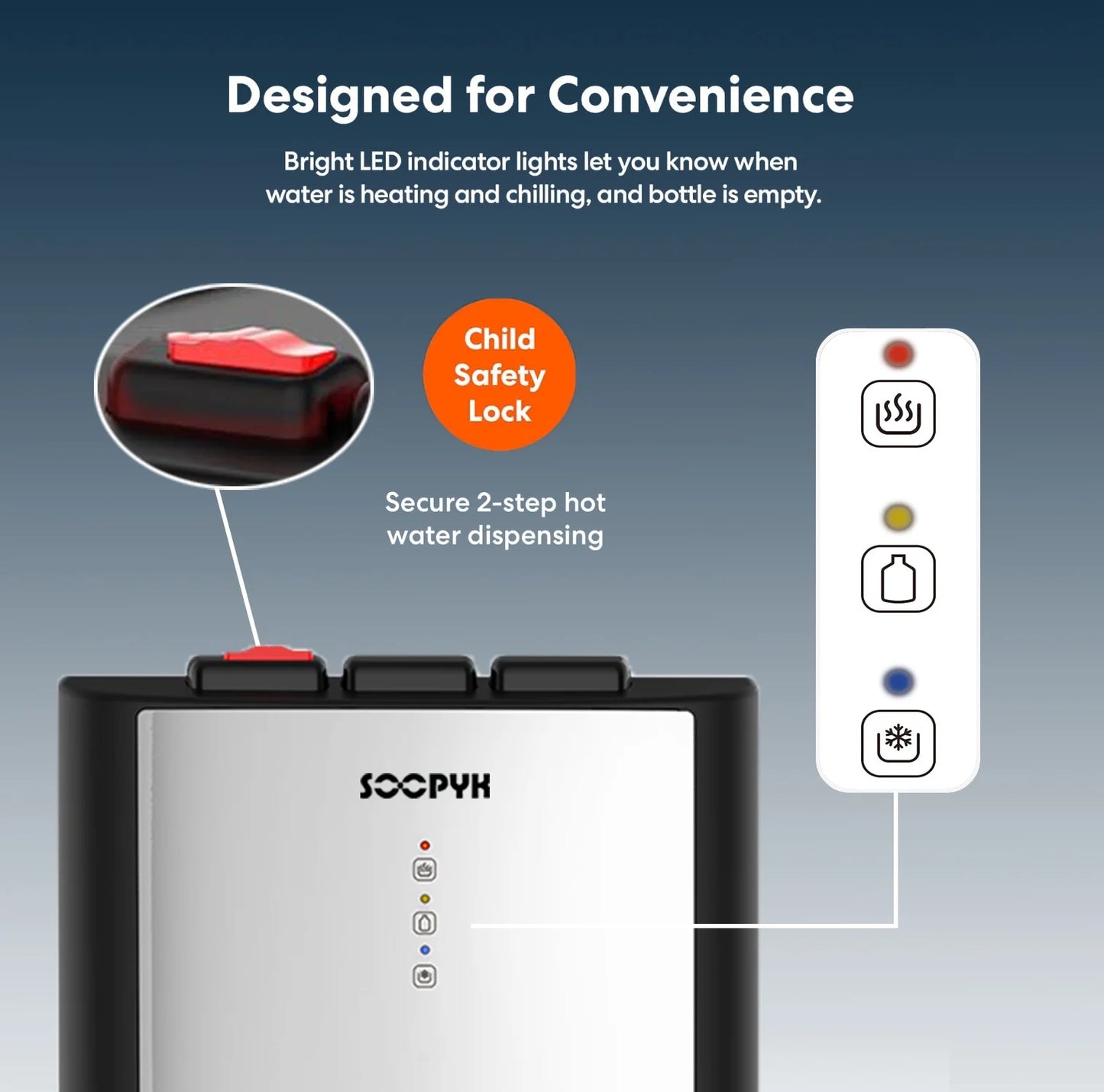 SOOPYK UV Self Cleaning Bottom Loading Water Cooler Dispenser for 5 Gallon Bottles 3 Temperatures, Child Safety Lock, LED Display with Empty Bottle Alert, Stainless Steel