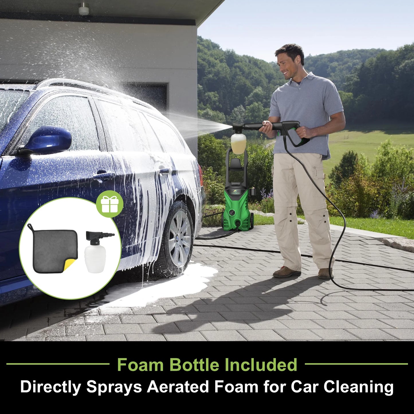 Firstness Pressure Washer 3500 PSI, Electric Power Washer w/ 26 ft Hose, 4 Quick Connect Nozzles, High Pressure Cleaning Machine with Foam Cannon, Portable to Clean Patios, Cars, Fences, Driveways