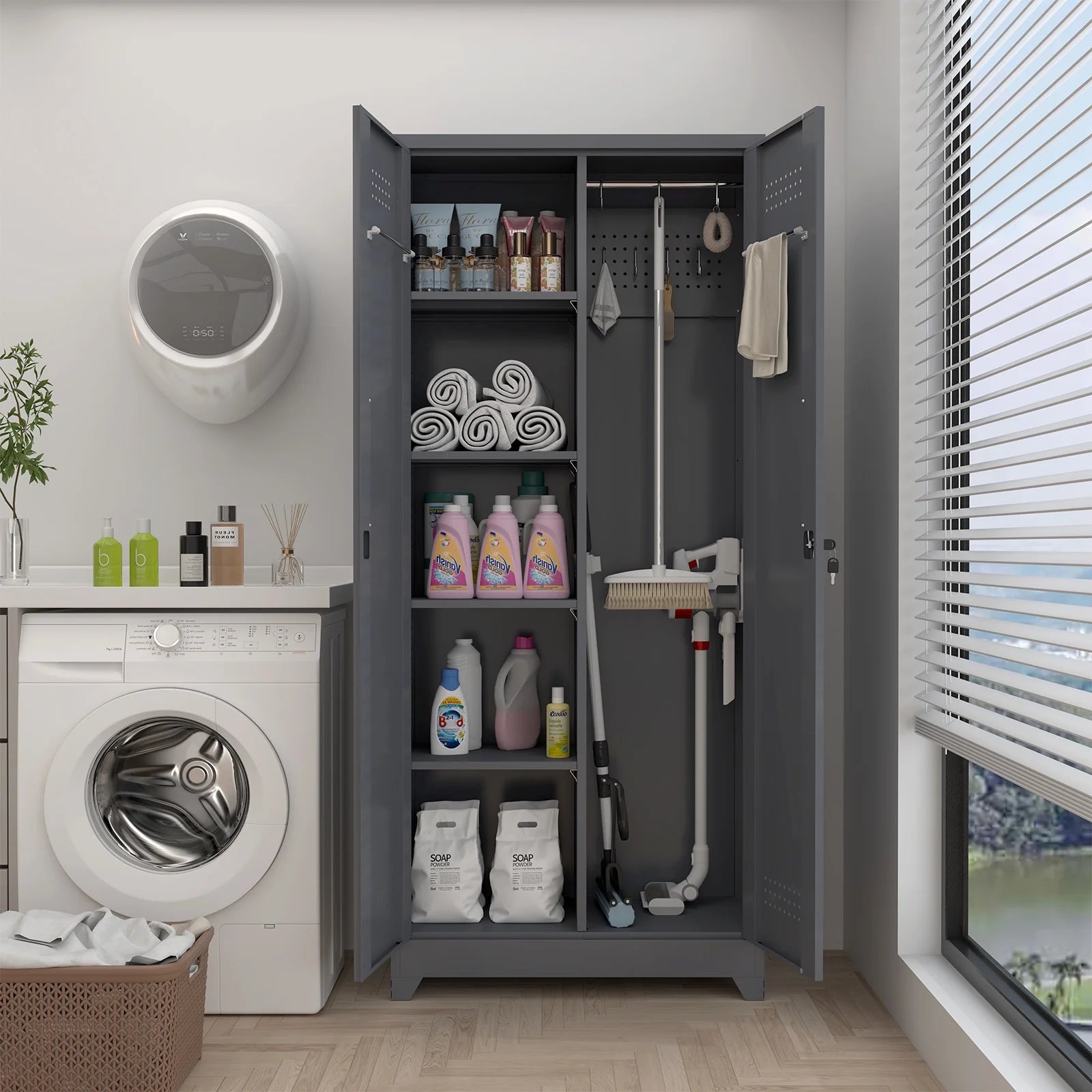 Marcree Broom Closet with Locking Doors,72.8����H Cleaning Tool Storage Cabinet with Hanging Rod & Hooks,Heavy-Duty Tool Garage Storage Cabinet for Utility Room,Grey