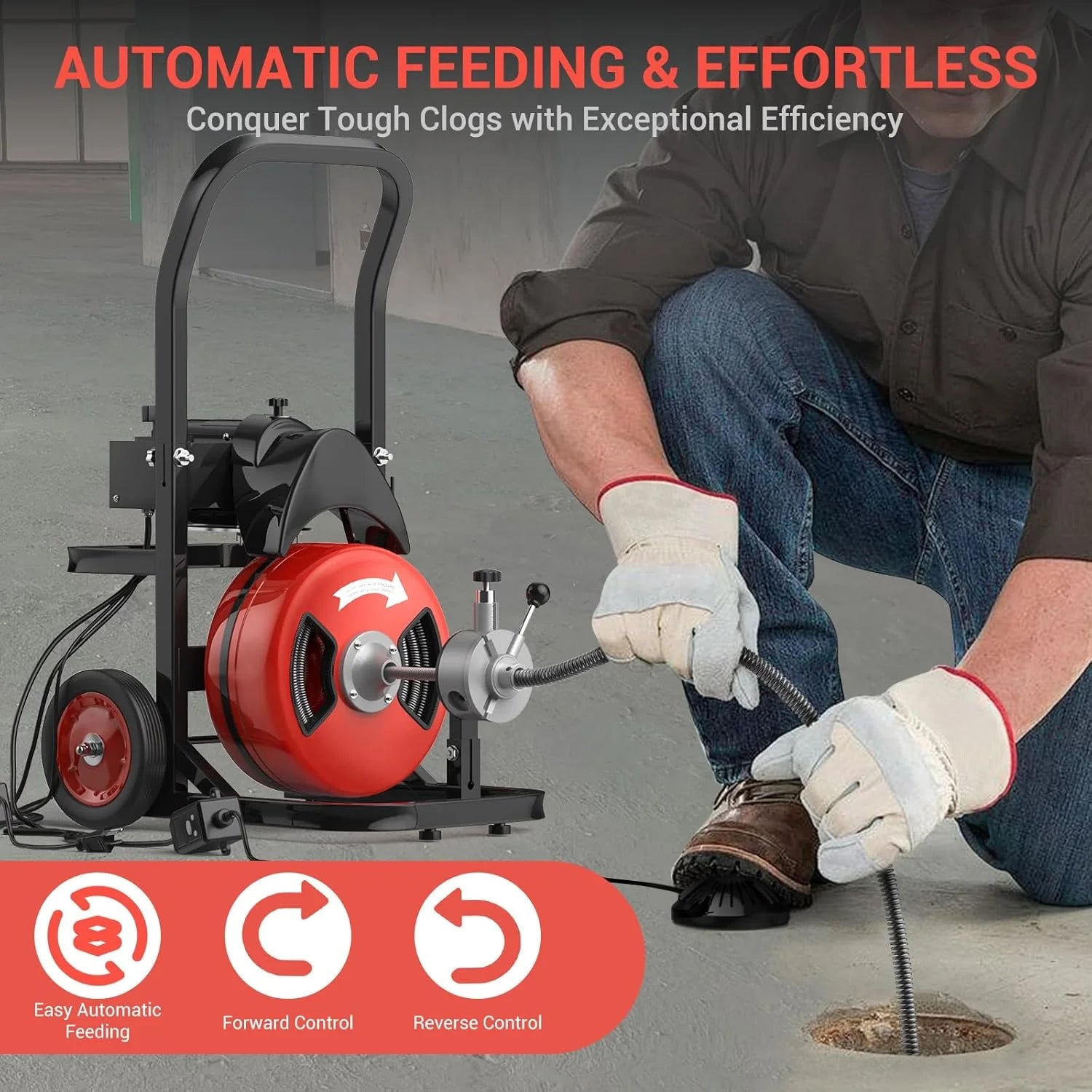 Roromall 75FT 100FT Electric Drain Cleaning Machine with 1/2-inch 3/4-inch Cable, 450W Auto Feed Portable Sewer Snake, Air-Activated Foot Switch, 4 Interchangeable Cutters for 2" to 4" Pipes