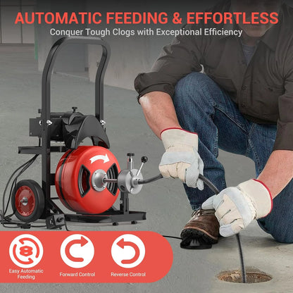Roromall 75FT 100FT Electric Drain Cleaning Machine with 1/2-inch 3/4-inch Cable, 450W Auto Feed Portable Sewer Snake, Air-Activated Foot Switch, 4 Interchangeable Cutters for 2" to 4" Pipes