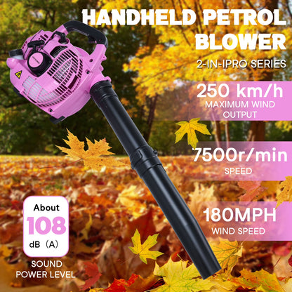 AQMD 26cc Handheld Leaf Blower, Gas Powered Snow Blower, 2-Stroke Handheld Gas Blower, Powerful Clearing Blower for Lawn Care, Snow Blowing & Yard Cleaning (EB260-Pink)