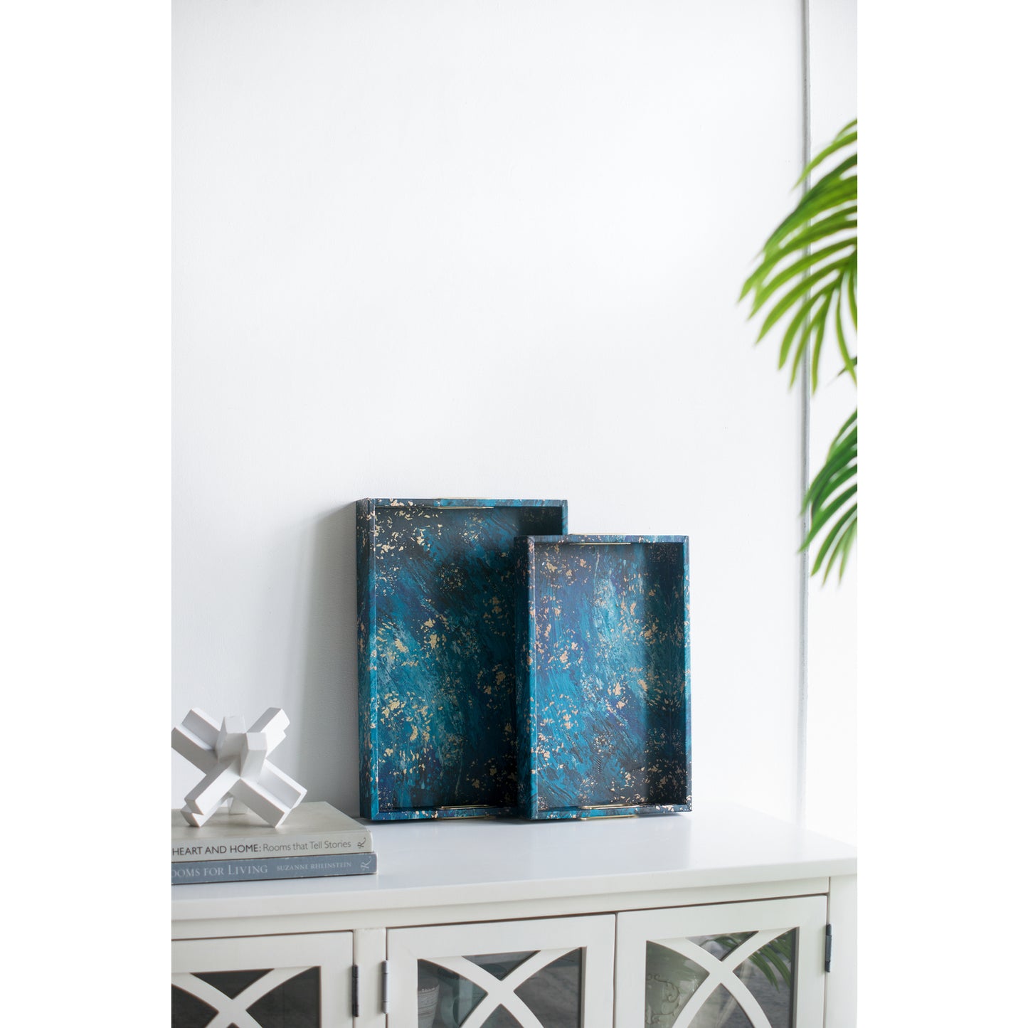 A&B Home Decorative Tray with Handles - Modern Minimalist Style Faux Leather Set of 2 Perfume Tray for Ottoman Couch Centerpiece Table D??cor, Blue