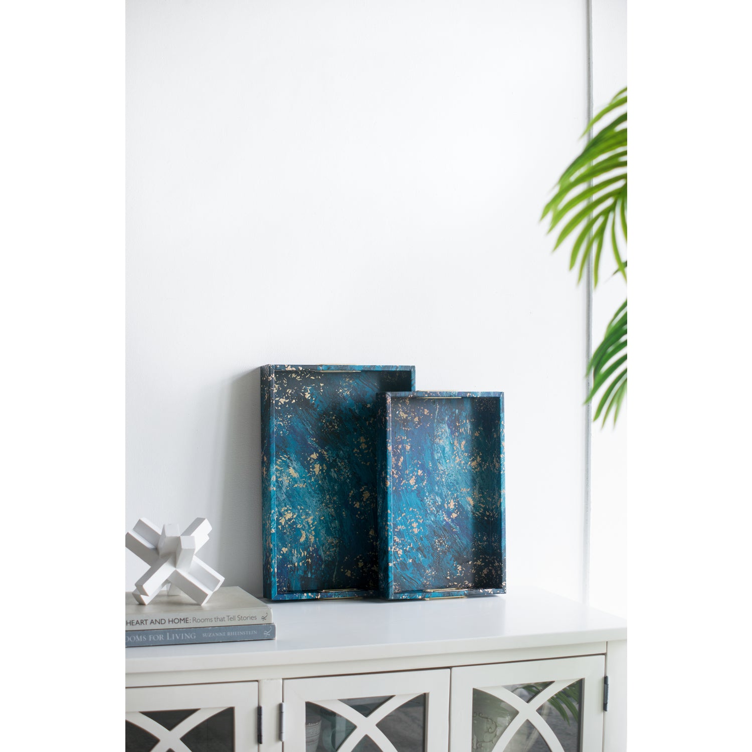 A&B Home Decorative Tray with Handles - Modern Minimalist Style Faux Leather Set of 2 Perfume Tray for Ottoman Couch Centerpiece Table D??cor, Blue