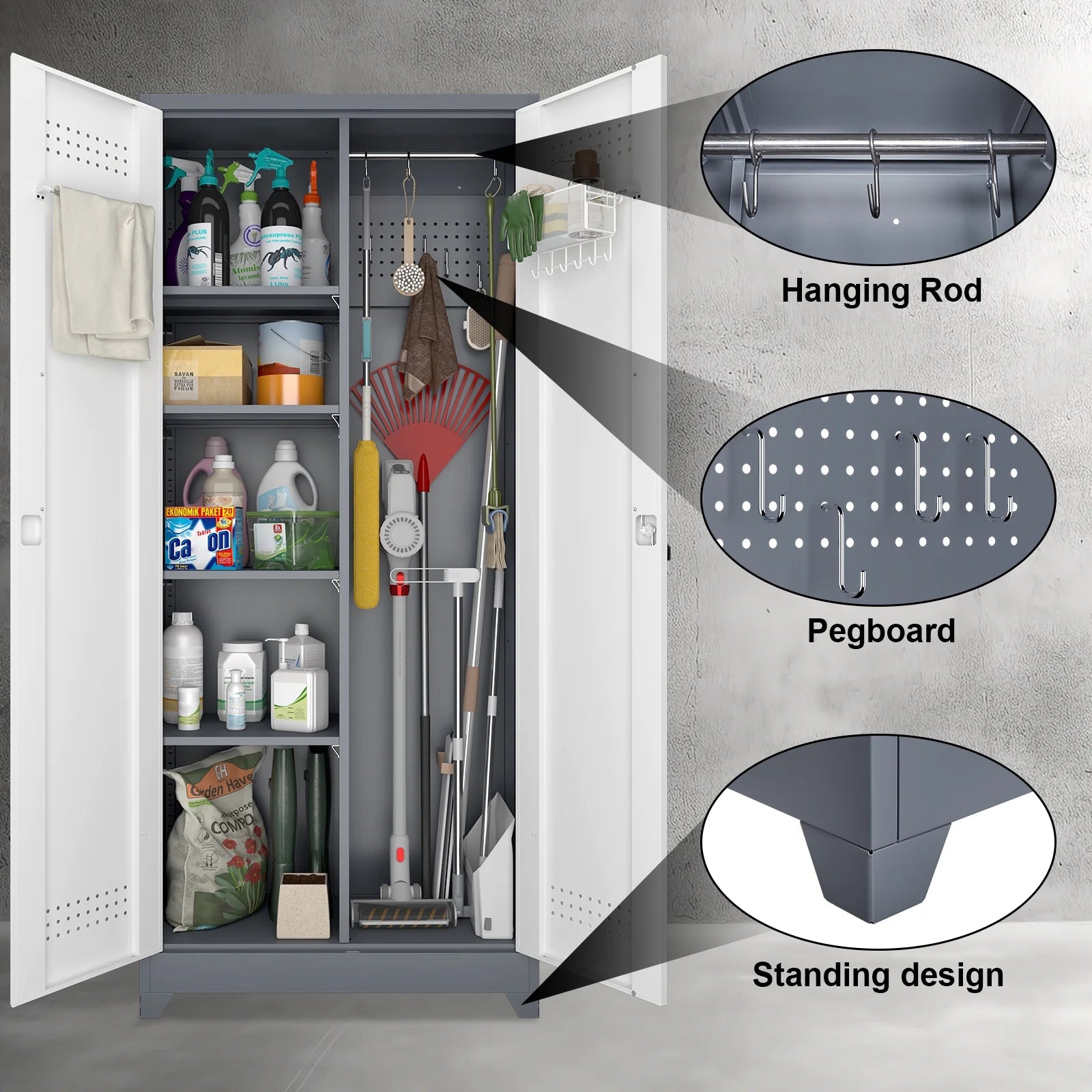 Marcree Broom Closet with Locking Doors,72.8����H Cleaning Tool Storage Cabinet with Hanging Rod & Hooks,Heavy-Duty Tool Garage Storage Cabinet for Utility Room,Grey