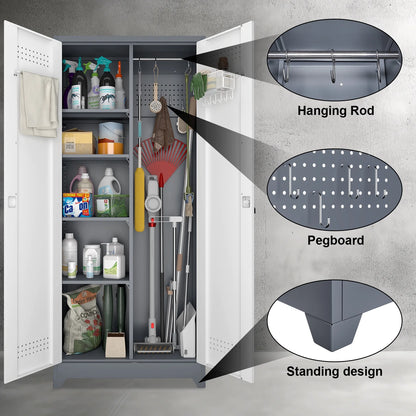 Marcree Broom Closet Storage Cabinet,Cleaning Supply Storage Cabinet,Metal Cleaning Closet Cabinet with Adjustable Shelves for Laundry Room Basement