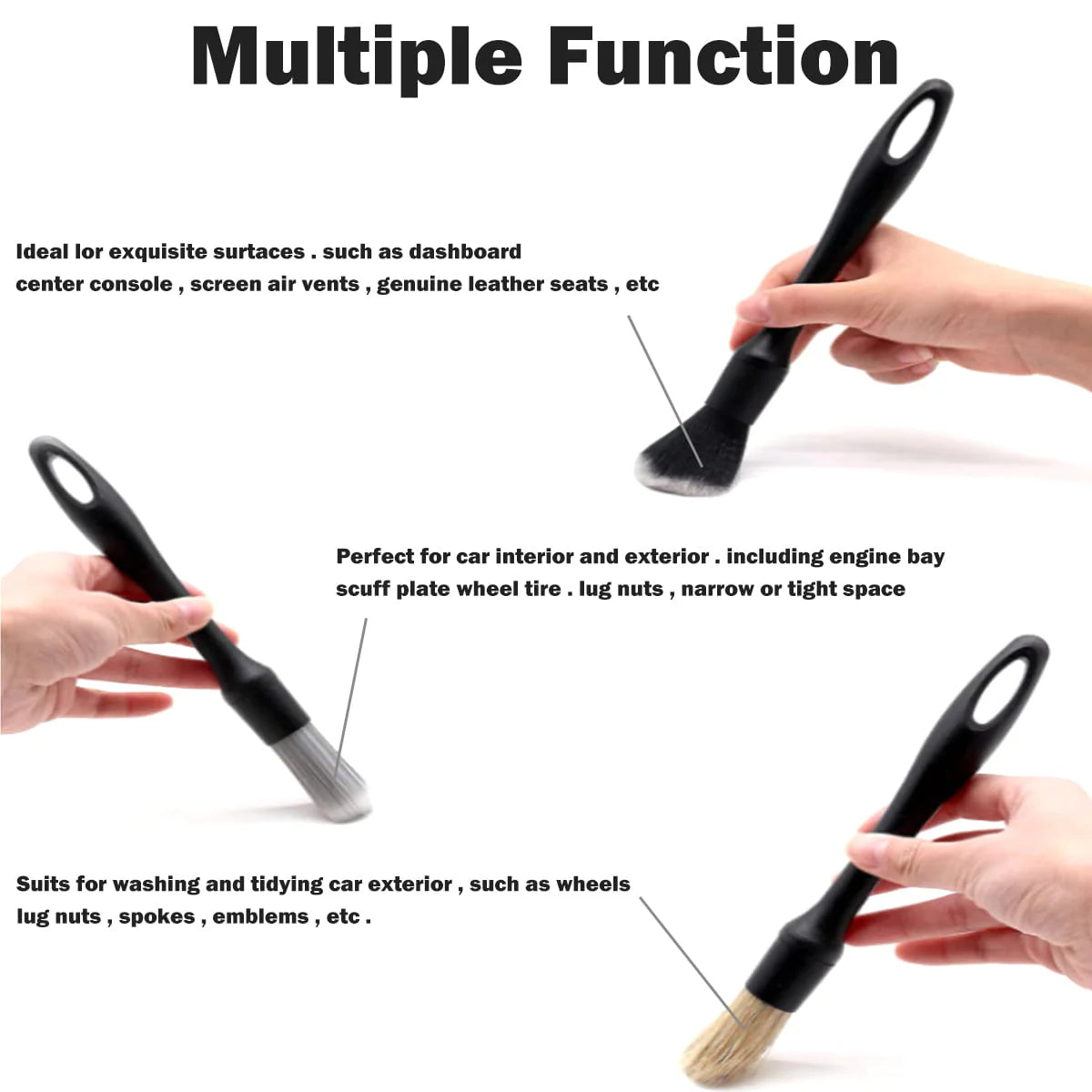 Duety 3pcs Car Detailing Brushes Set Soft Auto Detailing Brush Kit Interchangeable Different Sized Car Detail Cleaning Tool Reusable Car Detailing Brush for Car Interior Exterior Wheels