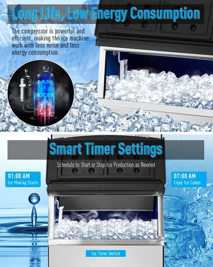 EastVita Commercial Ice Maker Machine, 550LBS Stainless Steel Under Counter Ice Machine with 300LBS Ice Storage Capacity, Self Cleaning,Ice Cube for Bar/Cafe/Restaurant