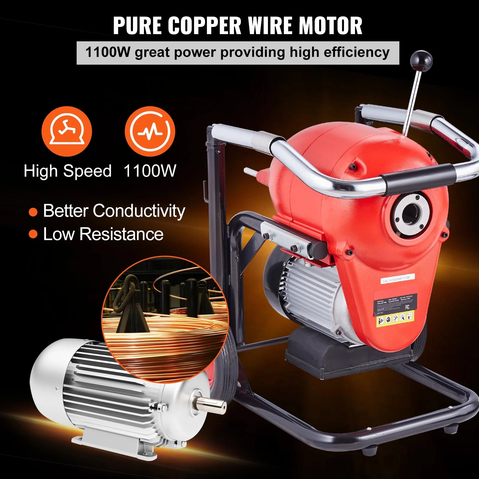 KFFKFF Drain Cleaning Machine, 120FT x 6/5 Inch, 1100W, Manual Operation - Includes 2 Steel Cables, 6 Blades, and Dual-Direction Control for Pipes 4"-8"