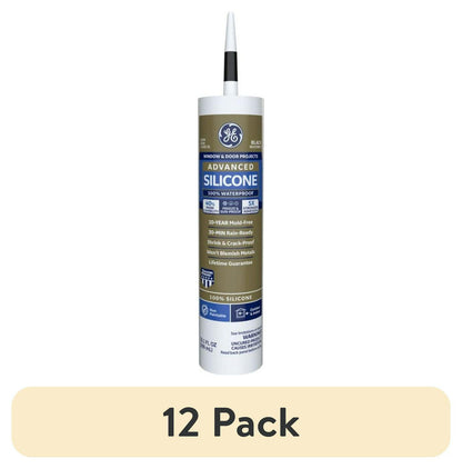 (12 pack) GE Advanced Silicone Window &amp; Door Sealant. Pack of 1. Black 10.1 fl oz Cartridge