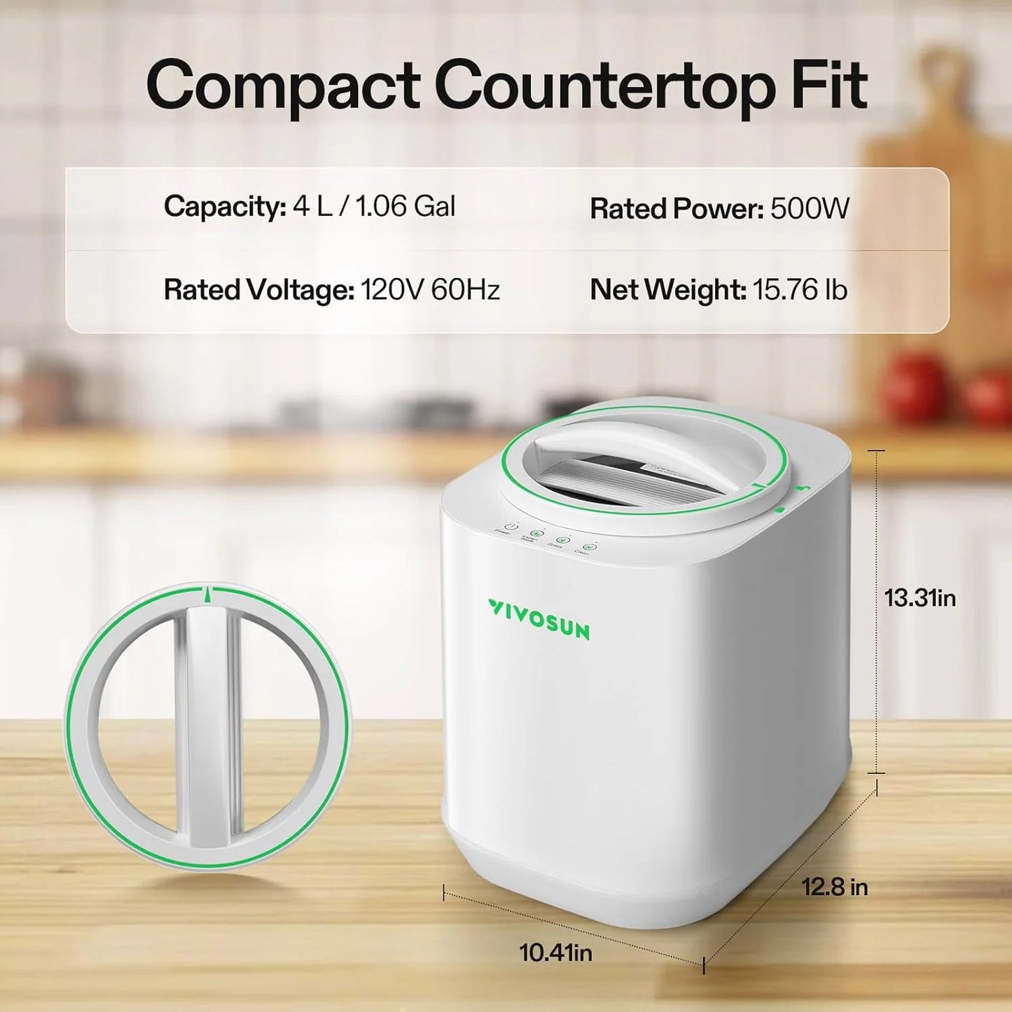 VIVOSUN 4L Electric Composter for Kitchen Indoor, Smart Compost Machine for Countertop, Odorless/Auto-Cleaning/3 Modes/Intelligent LED Display, Mill Composter Kitchen Bin Food Recycler, Black