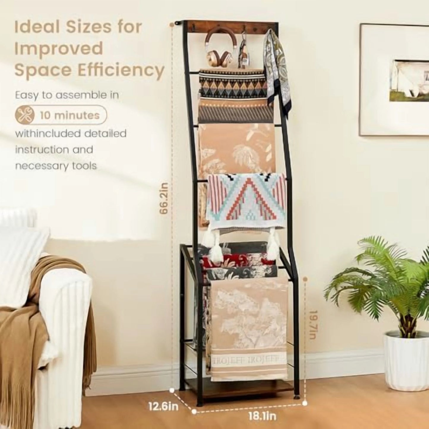 Blanket Ladder, 7 Tier Blanket Ladders for The Living Room,Wooden Ladder Shelf with Hooks, 5.5ft Blanket Holder Rack Farmhouse Ladder Rack for Storage and Home Decor, Rustic Brown and Black