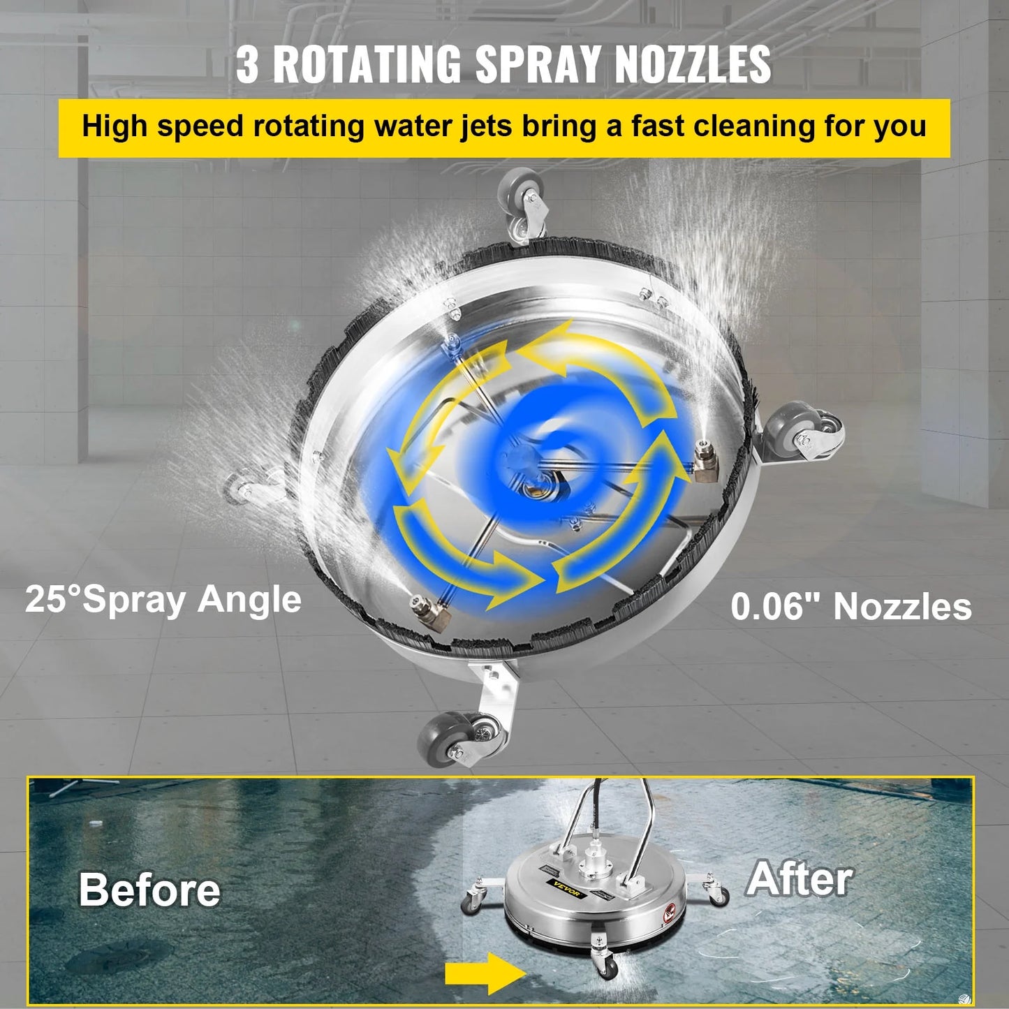 VEVOR 21" Surface Cleaner Pressure Flat Surface Cleaning 4000 PSI Max Working Pressure Flat Surface Cleaner Stainless Steel Rotating Surface Cleaner with 3 Nozzle Front Spray Bar