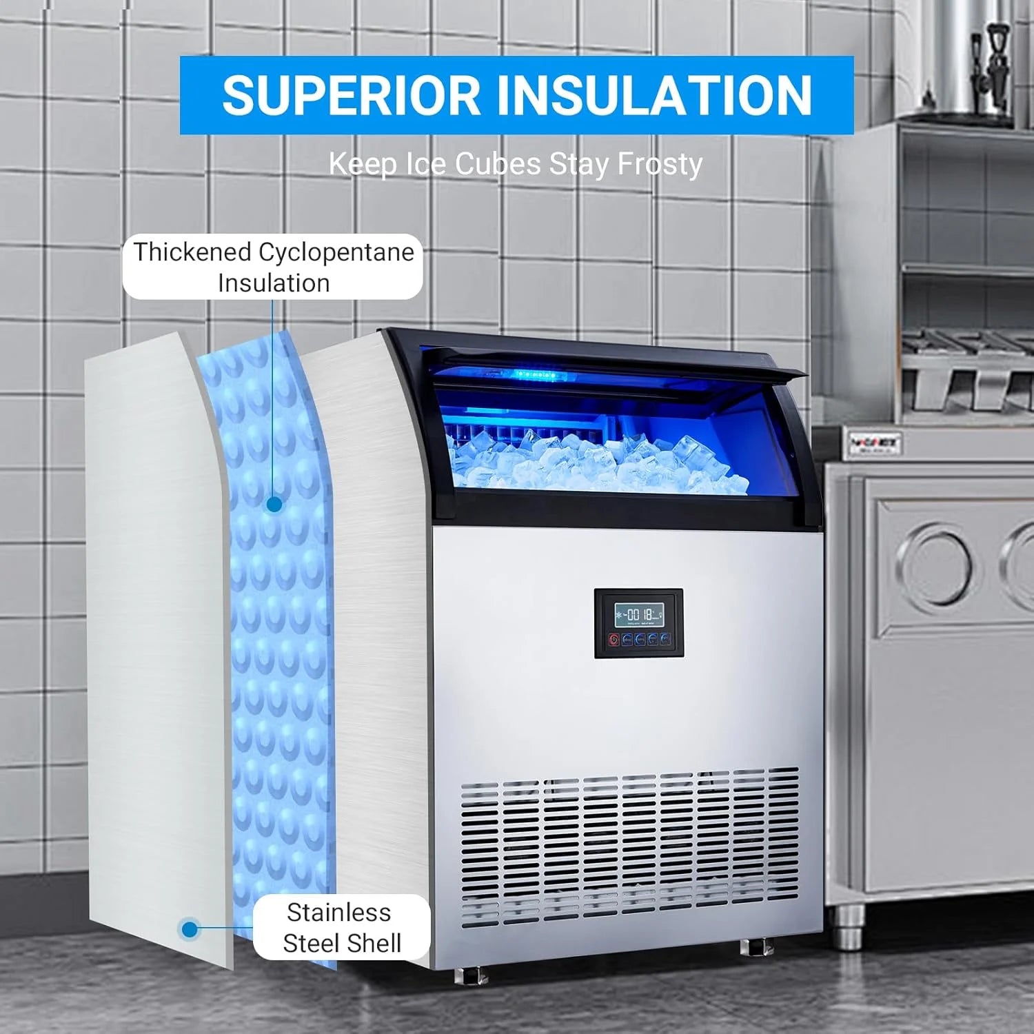 Heavy-Duty Commercial Ice Maker, 265 lbs/24H Production with 55 lbs Storage Capacity - Stainless Steel Under-Counter Ice Machine with Self-Cleaning Function and LCD Panel