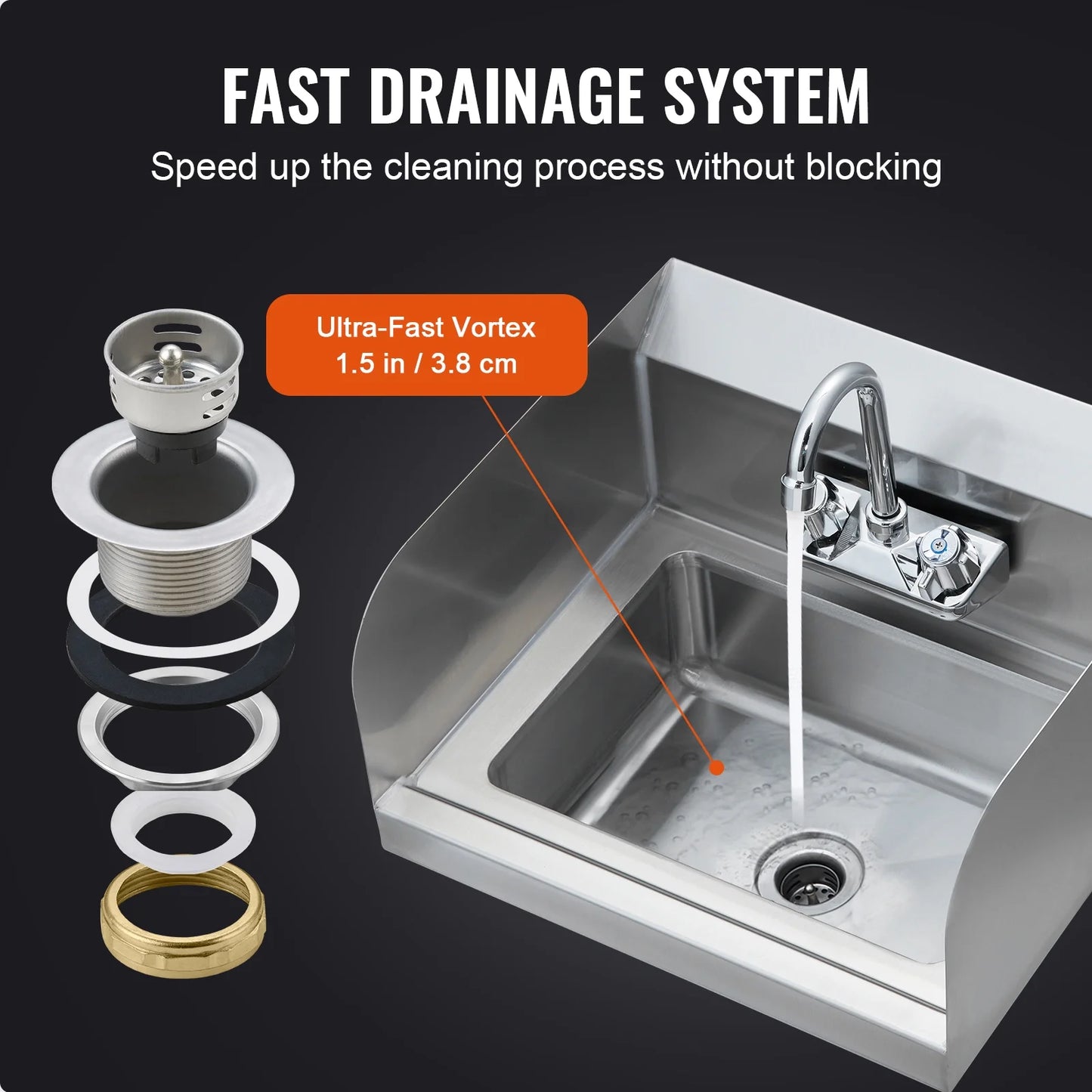 KFFKFF Industrial Hand Basin with Tap and Side Guard, Steel Basin for Cleaning, Compact Hand Cleaning Basin, Wall-Fitted Washbasin for Diner, Garage and Residence, 17x12.8 inch
