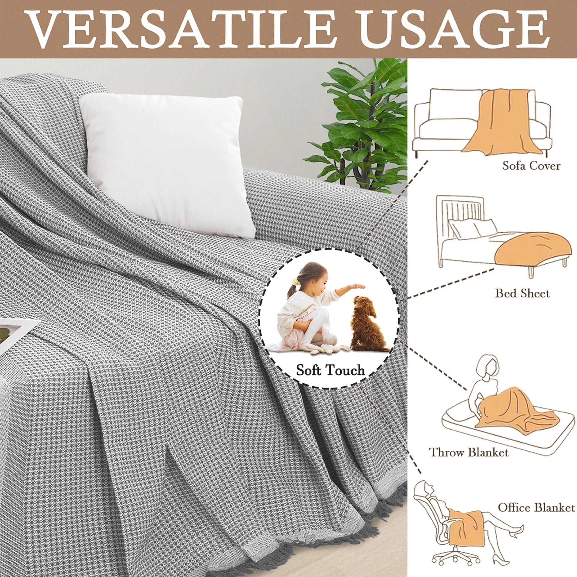 HDCAXKJ Washable L Shape Sofa Covers Reversible Sectional Couch Covers Corner Sofa Slipcovers Blankets Sofa Cover for Living Room Home Decor,91"x252",Gray