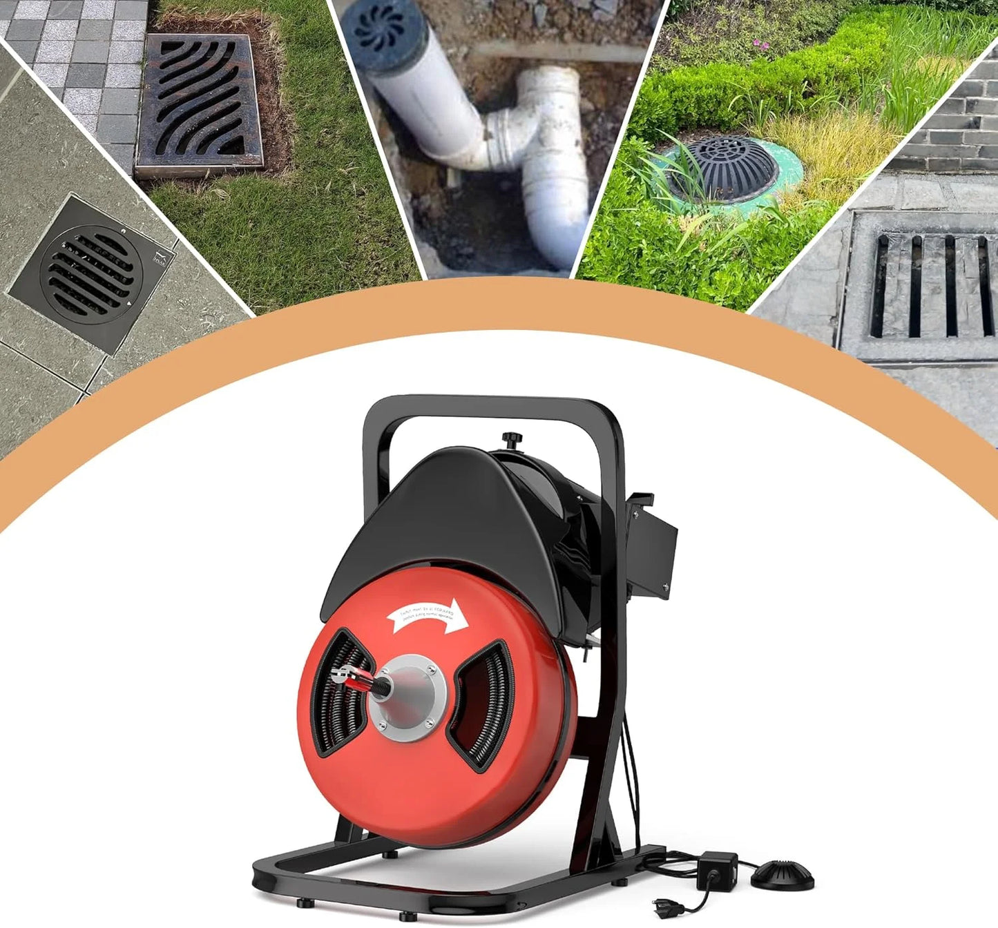 Drain Cleaner Machine 50FTx1/2 Inch,Auto Sewer Snake Auger on Wheels,Portable Drain Cleaning Machine with 4 Cutter & Foot Switch for 2" to 4" Pipes Sewer Sink Toilet Shower