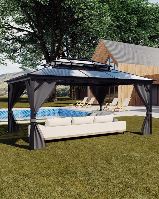 TROPOW Gazebos for Gardens,All Seasons Gazebos,Hardtop Gazebo 10'x13' for All Weather, Double Polycarbonate Sheets Roof, Aluminum Alloy Frame, Net, and Curtain, Permanent Building for Patio,Gray