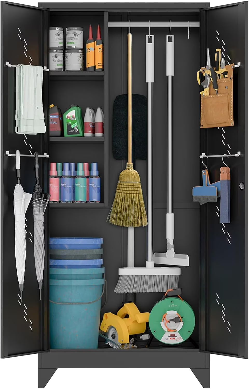 Metal Storage Cabinet with Locking Doors & Shelves, Outdoor Storage, Heavy Duty Cleaning Tool Organizer for Garage, Office, Warehouse