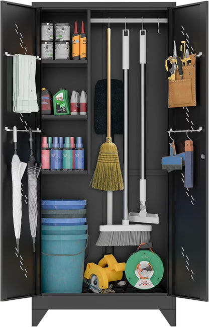 Metal Storage Cabinet with Locking Doors & Shelves, Outdoor Storage, Heavy Duty Cleaning Tool Organizer for Garage, Office, Warehouse