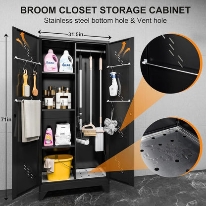 Metal Storage Cabinet with Locking Doors & Shelves, Outdoor Storage, Heavy Duty Cleaning Tool Organizer for Garage, Office, Warehouse