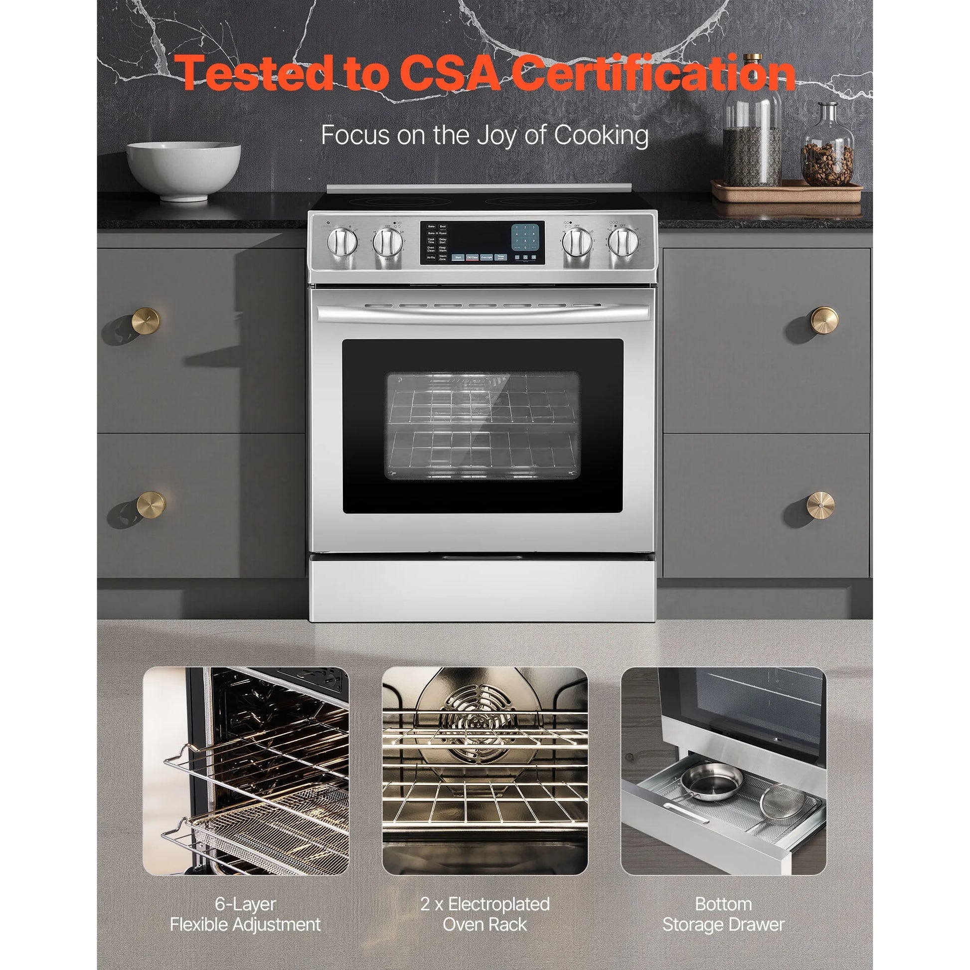KFFKFF 30-Inch Electric Range Oven, 4.8 Cu. Ft. Freestanding Stainless Steel Stove, Features 5 Burners, Timer, Self-Cleaning, Air Fry Function, Adjustable Racks, and Storage Drawer, Silver