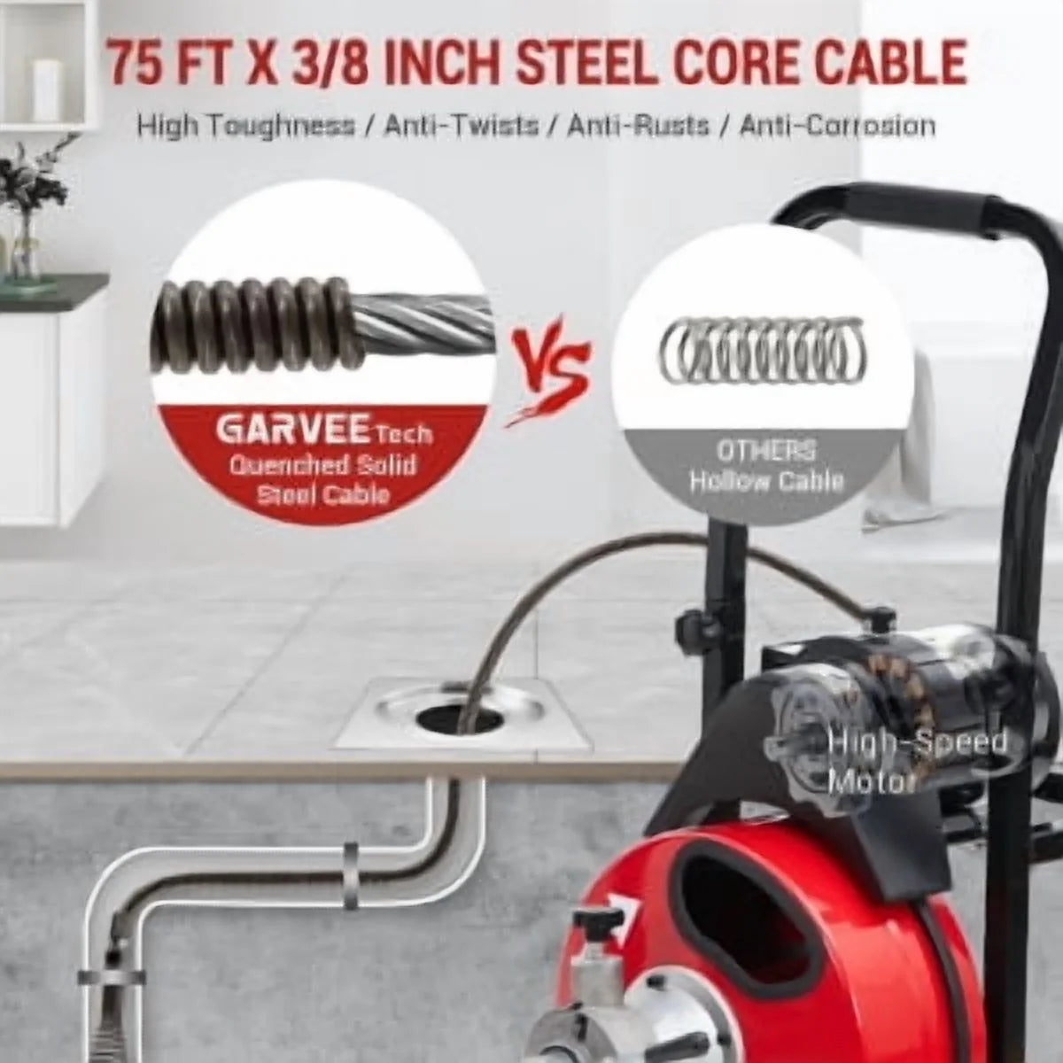 Drain Cleaner Machine 75Ft x 3/8 Inch,200W Drain Cleaning Machine,Portable Sewer Snake Auger with 8 Cutters & Air-activated Foot Switch, Fits 1" to 4" Pipes