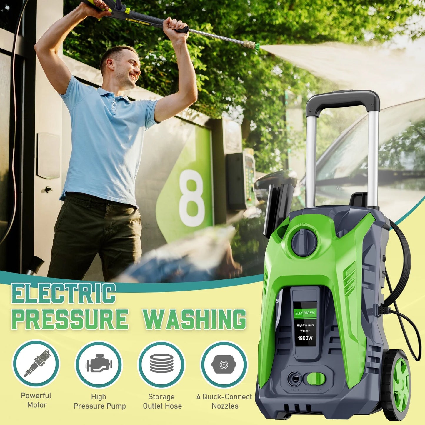 Pressure Washer Power Washer 4800PSIMAX with 4 Connect Nozzles and Foam Bottle, Car Cleaning Machine for Patio Driveway Home Outdoor
