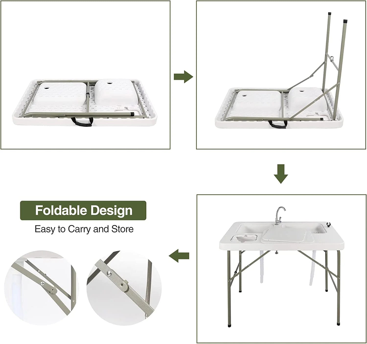 Folding Fish Cleaning Table, Outdoor Camping Sink Station with Sink & Faucet Drainage Hoses, Portable Camping Sink Table for Beach Fishing Patio Picnic