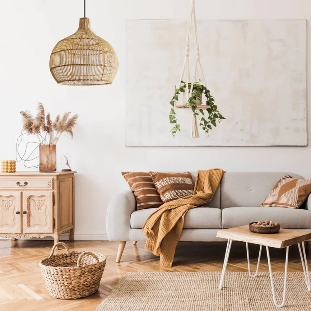 Arturesthome Boho Home Decor Kitchen Island Rattan Bamboo Pendant Light Basket Weave Linear Chandelier