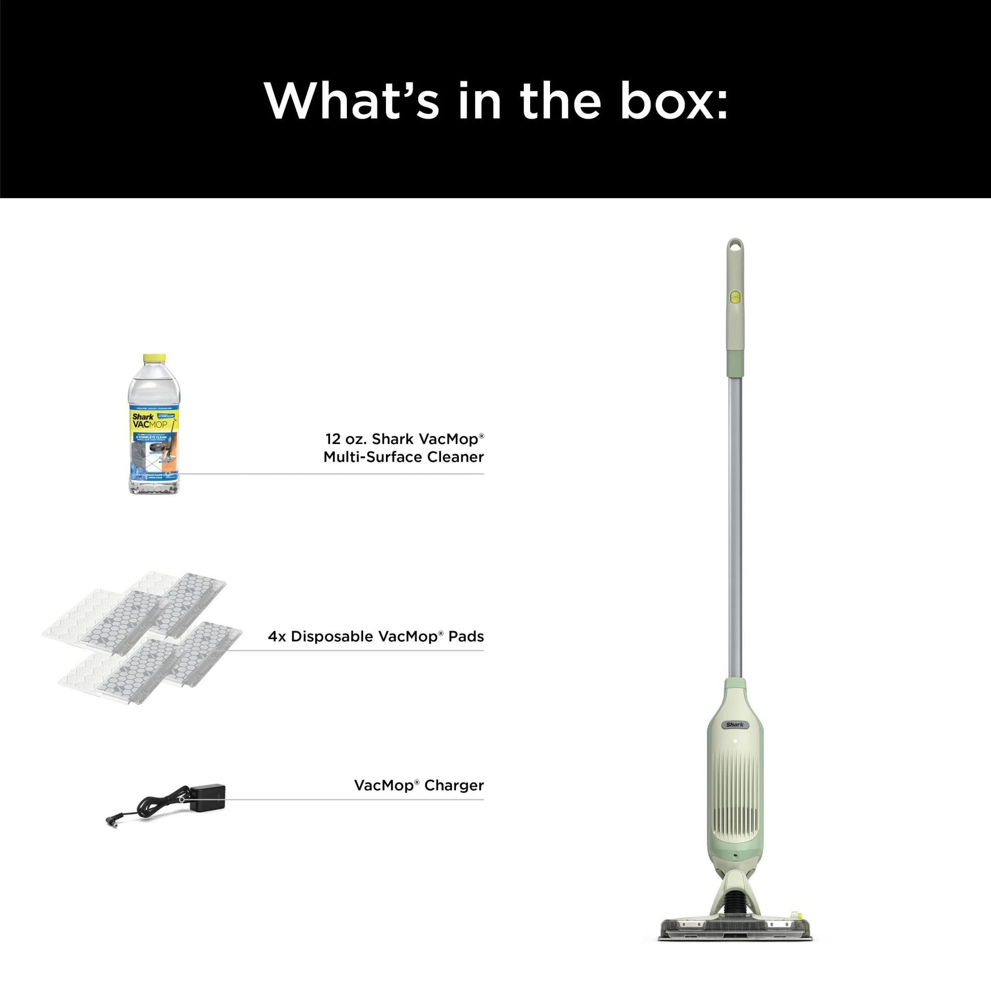 Shark VACMOP Cordless Hard Floor Cleaner, Vacuum and Spray Mop, Powerful Suction, Lightweight, LED Headlights, Includes 4 Disposable Pads, 12oz Multi-surface Cleaning Solution, Lime Green, VM252GN