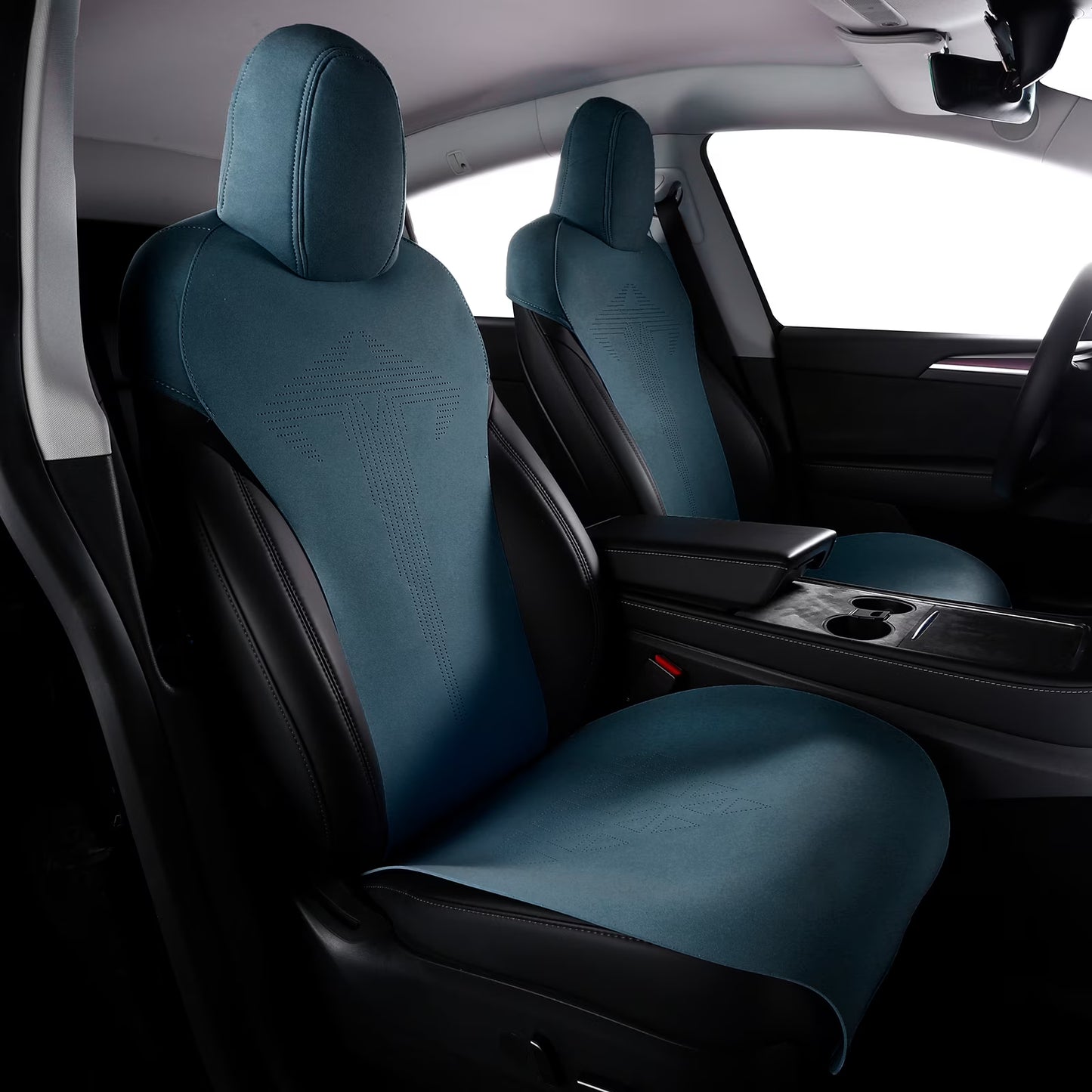 Ikon Motorsports Seat Cover Cushions Compatible With 2020-2024 Tesla Model Y 4-Door, V1 Style White Suede Leather 1st 2nd Row 5-Seat Seat Cover Cushion Protectors