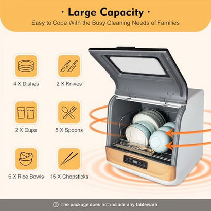 1200W 110V Portable Countertop Dishwasher, 5-Liter Compact Dishwasher, Automatic Dishwasher with 4 Washing Programs+360�� Streak-Free Deep Cleaning, Dishwasher for Apartment/Office/