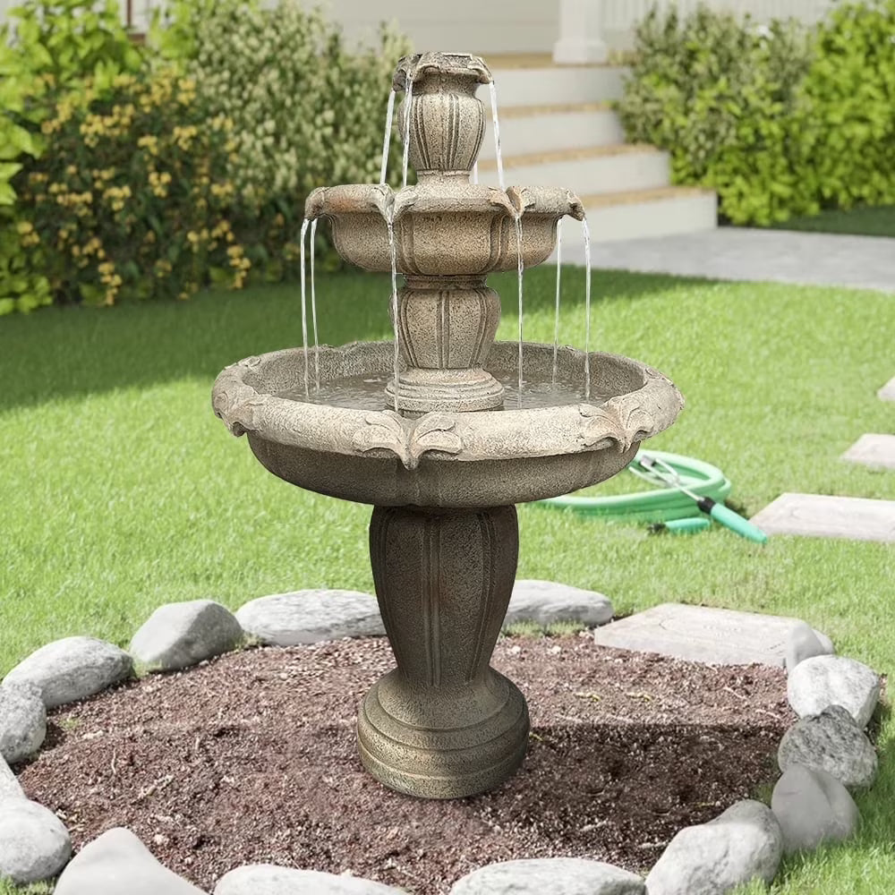 Indoor/Outdoor 3-Tiers Concrete Floor Water Fountain with Electric Pump for Patio Lawn Home Decor
