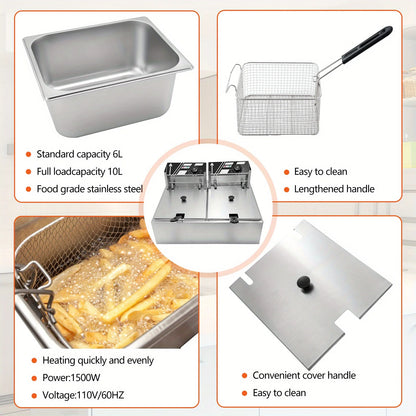 12L Stainless Steel Commercial Electric Deep Fryer - Large Capacity Countertop Fryer with Removable Tank and Lid for Easy Cleaning - Perfect for Restaurants, Cafes, and Home Use