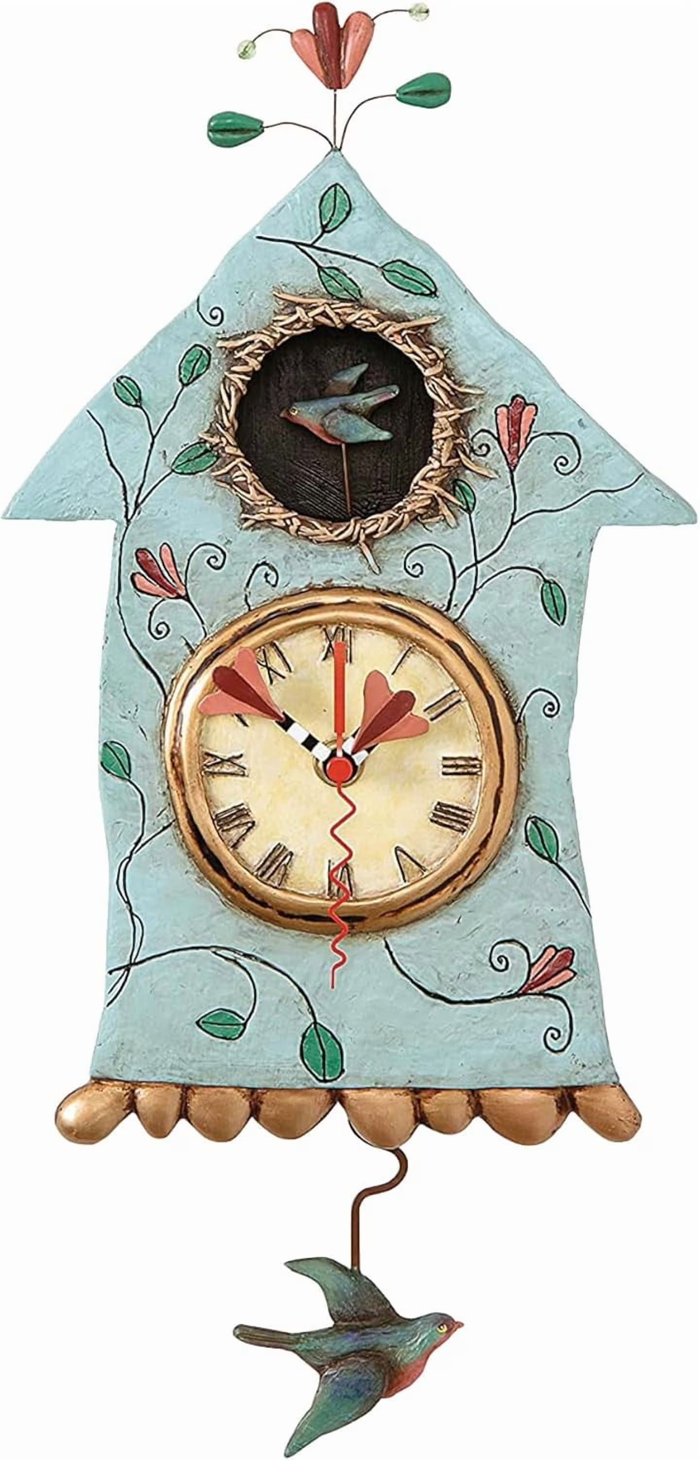 14.9 Inch | Stone Resin Decorative Clocks for Walls Home Decor Kitchen Clocks | Allen Designs Birdhouse with Flowers Cuckoo Wall Clock - Battery Operated Pendulum Analog Clock