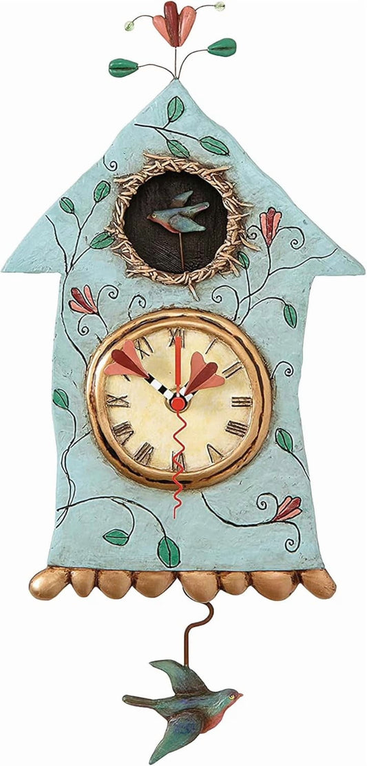 14.9 Inch | Stone Resin Decorative Clocks for Walls Home Decor Kitchen Clocks | Allen Designs Birdhouse with Flowers Cuckoo Wall Clock - Battery Operated Pendulum Analog Clock