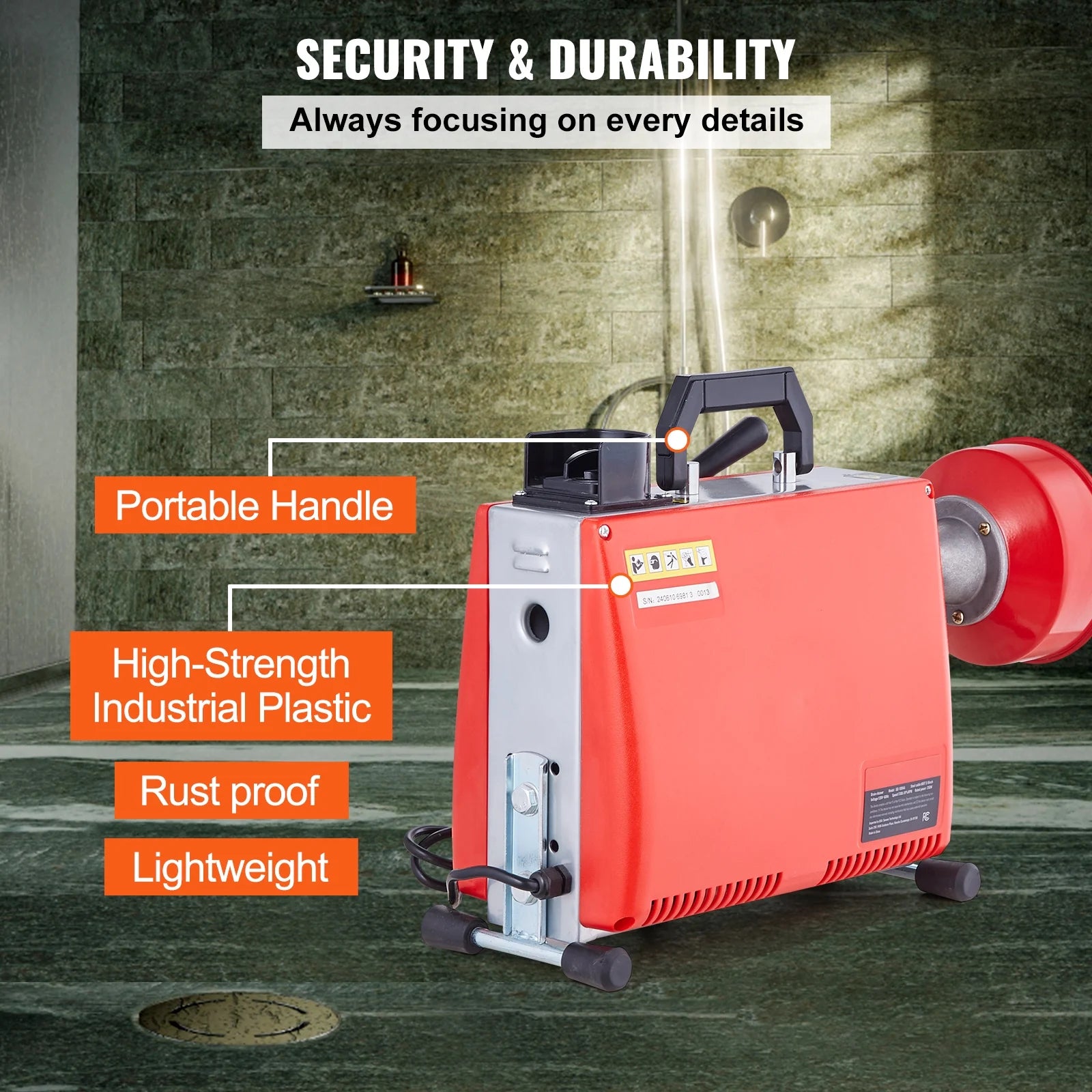 KFFKFF Electric Drain Cleaning Machine, 66FT x 5/8 Inch, 250W, Manual Operation - Includes 7 Cutting Heads, Dual Steel Cables & Directional Control, Suitable for 1.6"-4" Pipes