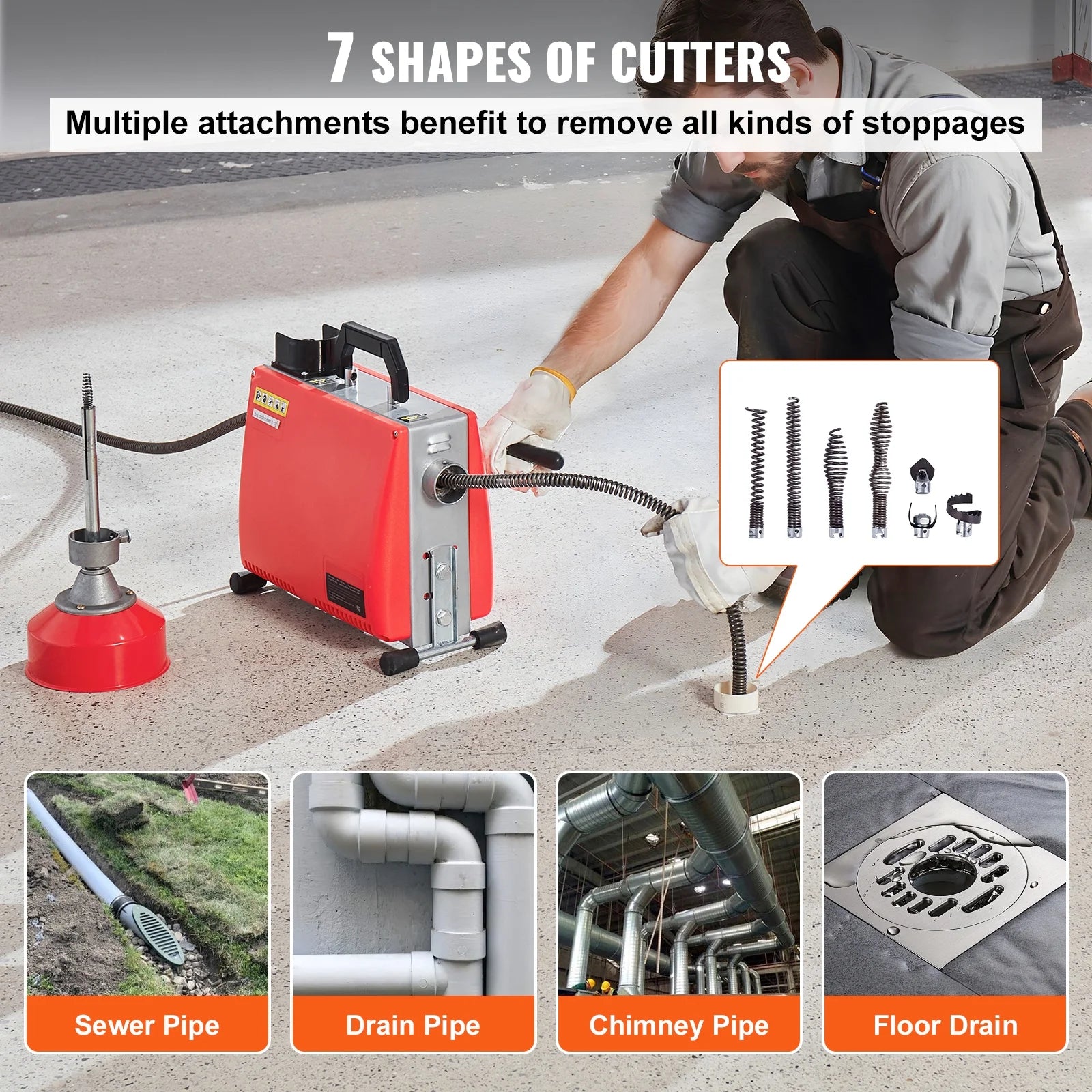 KFFKFF Electric Drain Cleaning Machine, 66FT x 5/8 Inch, 250W, Manual Operation - Includes 7 Cutting Heads, Dual Steel Cables & Directional Control, Suitable for 1.6"-4" Pipes