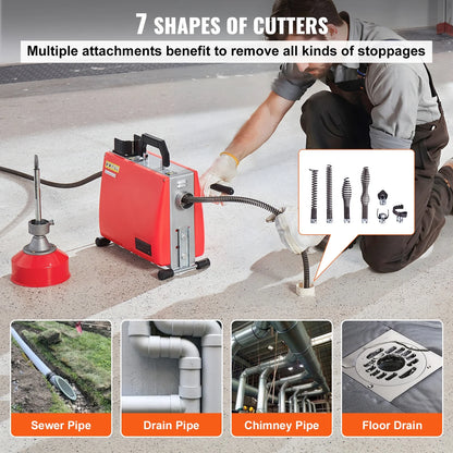 KFFKFF Electric Drain Cleaning Machine, 66FT x 5/8 Inch, 250W, Manual Operation - Includes 7 Cutting Heads, Dual Steel Cables & Directional Control, Suitable for 1.6"-4" Pipes
